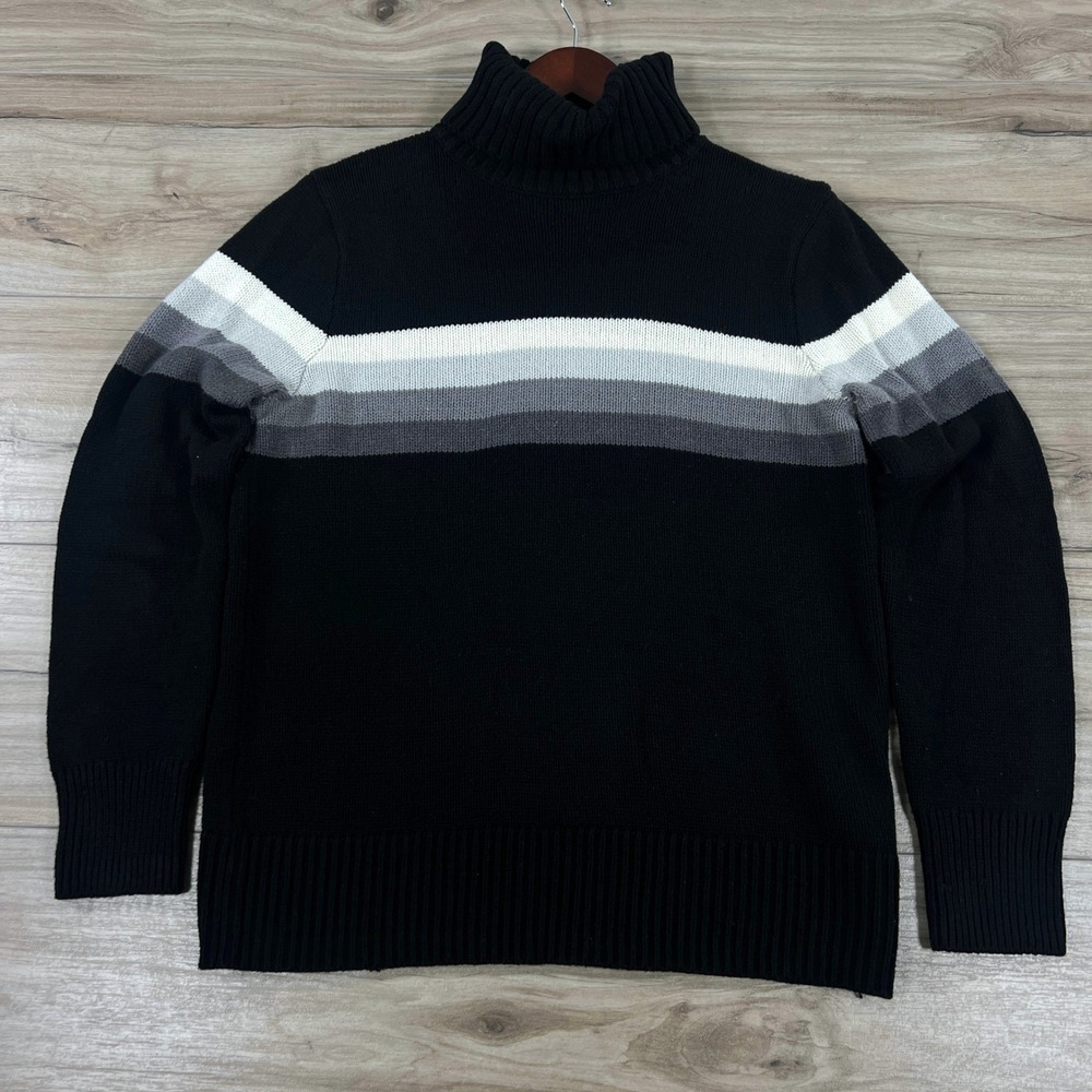 Gap Mens Turtleneck Sweater Black Grey White Striped Cotton Blend Size L